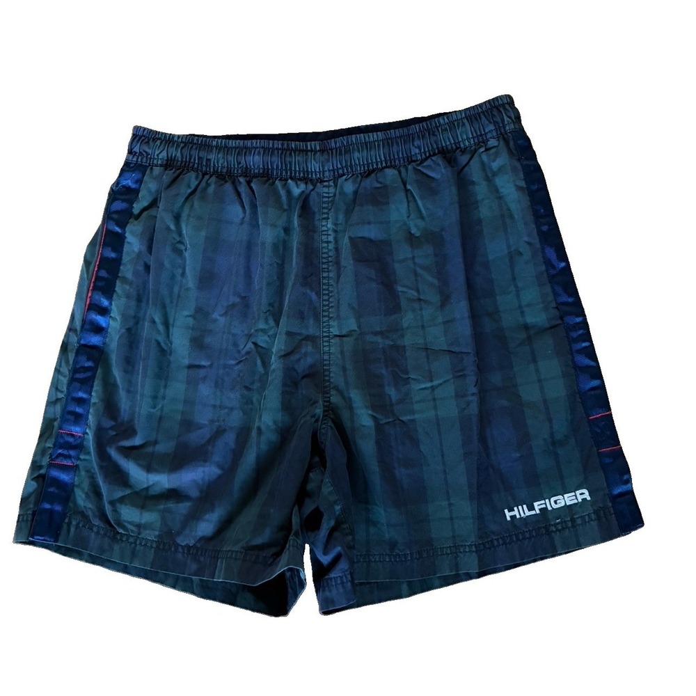 Vintage 90s Y2K Tommy Hilfiger Swim Trunks Mens Medium Navy Green Plaid Classic